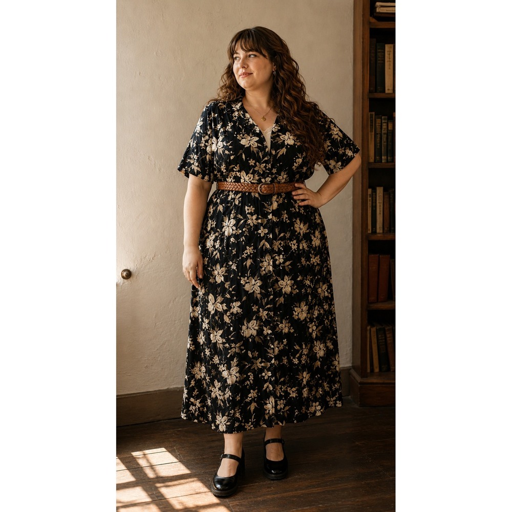 Vtg 90s White Stag 26W Black Floral Button Front Midi Dress Cottagecore 22W Fit